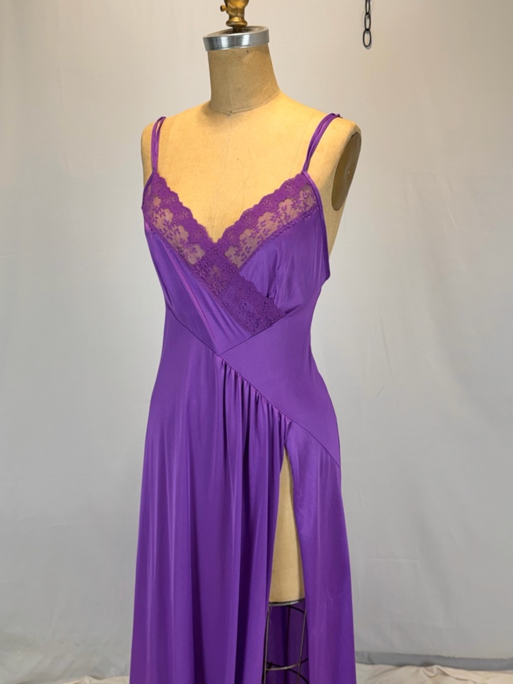 VINTAGE violet purple nylon silky nightgown slip dress maxi side slit lace sexy - Picture 5 of 13